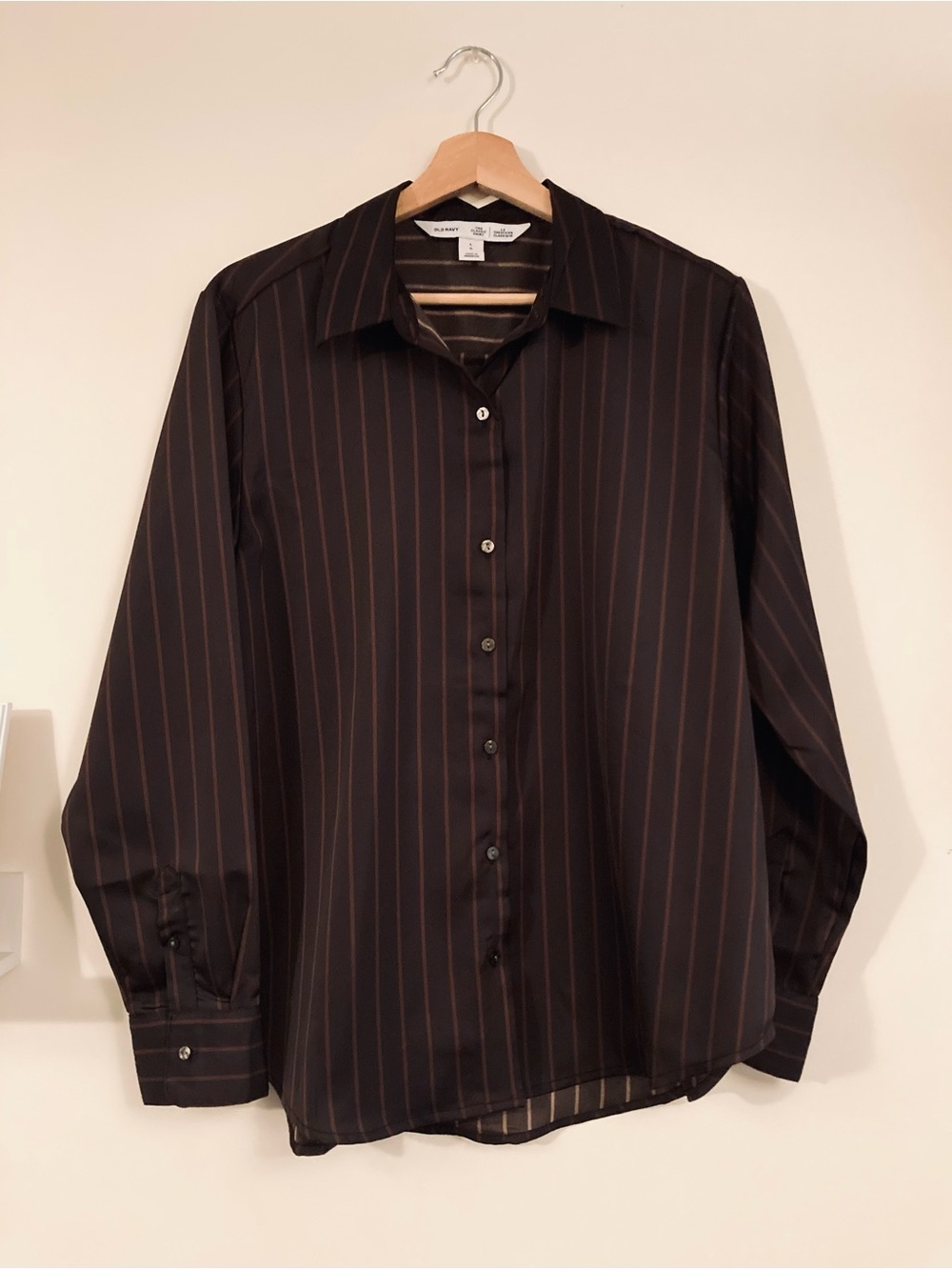 Old Navy Satin Button Down Bold Brown Pinstripe Classic Shirt NWTS Size Large